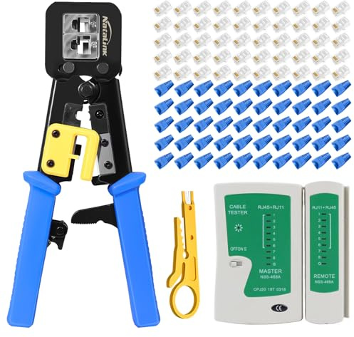 NataLink Herramienta de crimpado RJ45 Cat 6 Cat 5E Cat 5 Ethernet crimpadora RJ45 con probador de cables de red, mini pelacables, 50 conectores Cat6 y botas de alivio de tensión