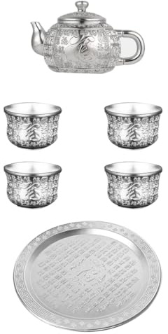 OUNONA Service à Thé en Alliage de Zinc Doré 1 Théière 8 Cm 4 Tasses 1 Plateau Motif Bénédiction Chinoise pour Maison et Restaurant Coffret Présent Thé Élégant