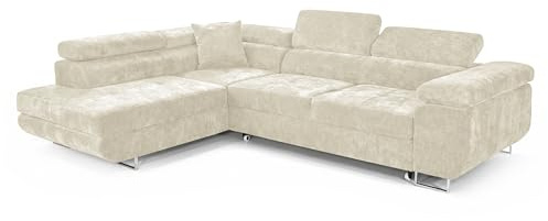 COMFORTINO FURNITURE Ecksofa mit Schlaffunktion PASTI L-Form, Sofa Couch mit Bettkasten, 3-Sitzer Eckcouch, Schlafsofa für Wohnzimmer, Big Sofa Couch mit Schlaffunktion (Creme, Ottomane Links)