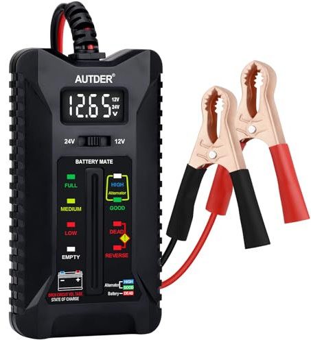 AUTDER Car Battery Tester 12V/24V, Digital Voltmeter with LCD Display & LED Indicators, Automotive Battery & Alternator Analyzer, Clamp Connection for Cars, Motorcycles, RVs