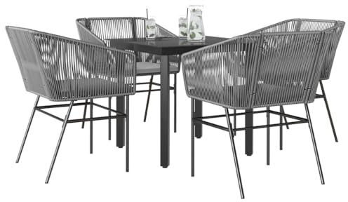 Mokuyary Grupo de comedor de jardín de 5 piezas con cojín gris poliratán cristal de ratán juego de mesa de comedor, muebles de balcón resistente a la intemperie para porches, terrazas 80 x 80 x 74 cm