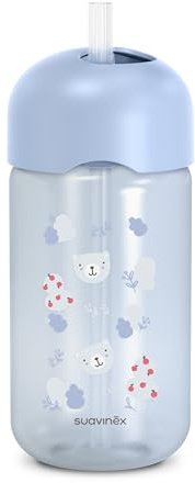 Suavinex, Bicchiere Evolutivo per Neonati+18 Mesi, Bicchiere con Cannuccia in Silicone Morbido e Flessibile, con Sistema Anti-fuoriuscita e Anti-gocciolamento, con Coperchio, 340 ml, Wild&Free Azzurro
