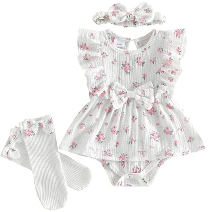 Yigubigu Infant Baby Girls Summer Clothes Outfits Flower Print Short Sleeve Romper Dress Bow Headband and Stockings Set 3Pcs