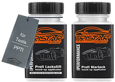 TRISTARcolor Autolack Lackstift für Tesla PPTI Titanium Metallic + Klarlack | Set aus Basislack + Klarlack, Lackfläschchen mit Pinsel, je 50ml