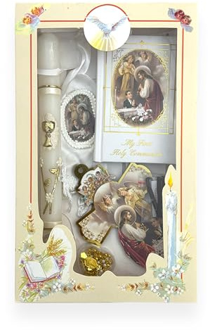 New Boys First Holy Communion Complete Candle Gift 6 Pc Set Cross Keepsake in English Rosary Boxed