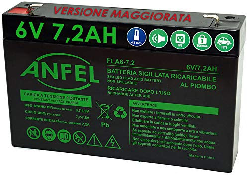 ANFEL Batteria al Piombo SIGILLATA 6V - 7 Ah 7,2 ah Versione maggiorata