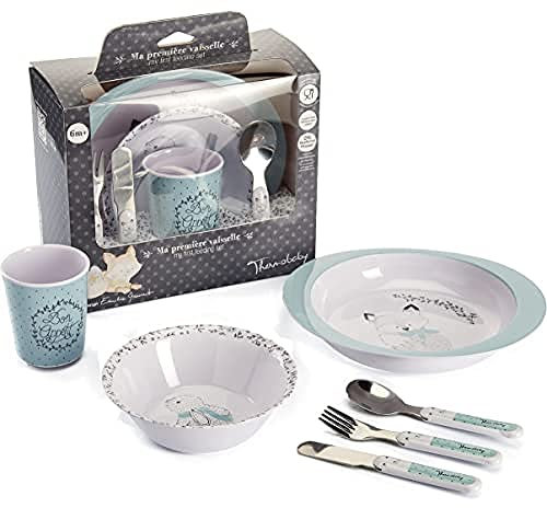 THERMOBABY Coffret Vaisselle Mélamine et Couverts Inox Enfant, Vert Céladon - Gris