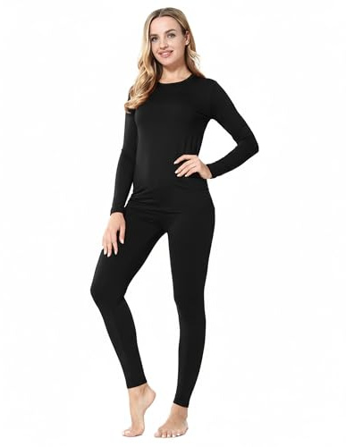 ViCherub Womens Thermal Underwear Set Long Johns Base Layer Fleece Lined Cold Weather Soft Top Bottom Black Large