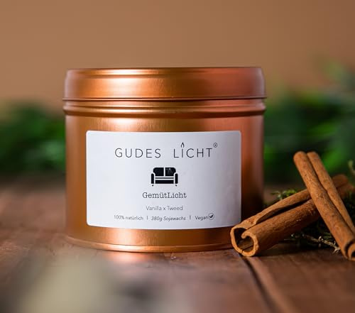 Sojawachs Duftkerze - Vanilla & Tweed/GemütLicht - Gudes Licht / 380g, regional, vegan, langlebig, Ätherische Öle, 80h Brenndauer, Designkerze für Wohn - und Schlafzimmer