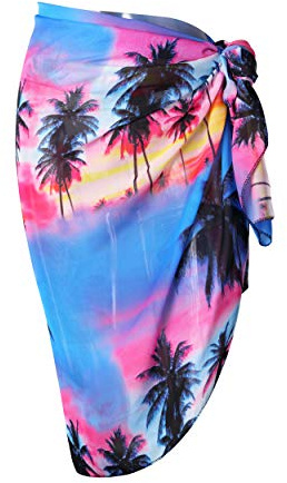 Faletony saronger för kvinnor strandkläder täckande chiffong pareo strandsjal ljusa blommönster sommar semester sarong kjol, Blå kokosnötsträd, one size