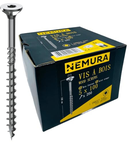 Nemura Lot de 200 Vis à Bois 5 x 100 mm - en Acier Zingué à Tête Fraisée - vis à bois Torx - Visses Spéciales pour Bois et Aggloméré- Haute Qualité Durable - Marque Francaise