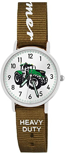 Pacific Time Montre-bracelet pour enfant garçon tracteur vert tracteur montre enfant voiture voiture bracelet textile aiguilles lumineuses analogique quartz, Fermier, lanière