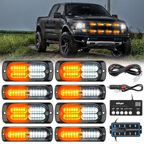 Nilight 8PCS LED Strobe lights 12V Sync Feature Amber White 12 24LED Emergency Hazard Warning Lights with Controller for Cars Trucks RVs Campers, 2 Years Warranty