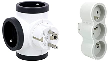 Legrand - Fiche multiprise rotative avec 3 prises latérales avec terre - blanc et gris foncé & Fiche multiprise avec 3 prises frontales avec terre - blanc et gris clair