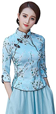 YLfly Women's Floral Brids Pattern Qipao Tops Mandarin Collar Chinese Shirt Blouse Tang Suit