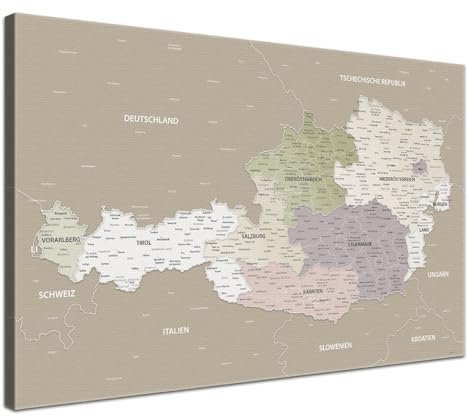 LANA KK - Premium Leinwandbild Österreichkarte - Grau Sand - Deutsch - in 80 x 60 cm, stabile Rückwand zum Pinnen inkl. Starterkit - Leinwand-Kunstdruck Wandbild Landkarte XXL