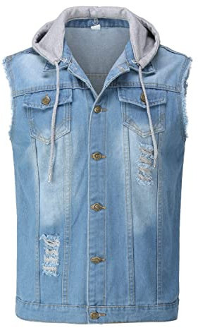 YOUTHUP Gilet Homme en Jeans à Capuche Amovible, Gilet en jeans Vintage déchiré Biker Gilet, Veste en Jean Homme Sans Manches, Gilet Jean Cowboy 2207 Bleu, XL