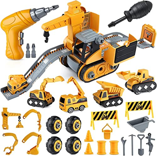 Yangers 4 in 1 Kit Giocattolo Montaggio DIY, Set Veicoli da Costruzione STEM Escavatori Camion Gru Giocattoli , Interattivi Giocattolo Regalini Compleanno Natale con Trapano Elettrico per Bambini