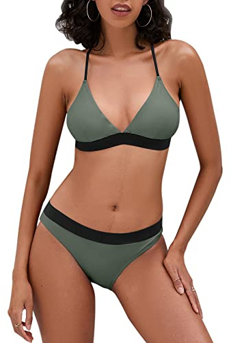 iSLASISIA Bikini baddräkt för kvinnor korsad rygg triangel bikini knytbar rygg bikini set två delar baddräkter, grön ochsvart, 42 SE