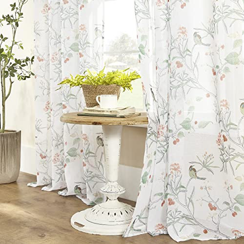 White Semi Sheer Curtains & Drapes 96 Inches Long for Living Room 2 Panel Set Grommet Light Filtering Bird Floral Branch Green Accent Extra Floor Length Curtain for Sliding Glass Patio Door,8FT Length