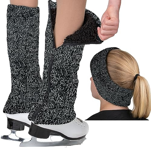 CRS Cross Leg Warmers & Headband Figure Skating Set. Long 16”, Black/White