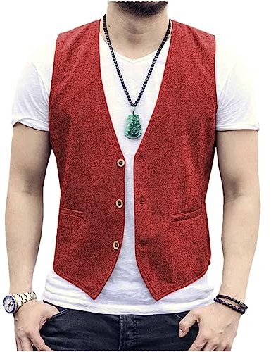 Tiavllya Gilet da uomo senza maniche in cotone e lino casual Gilet da spiaggia estivo slim fit tinta unita a 3 bottoni（XXL, Rosso）