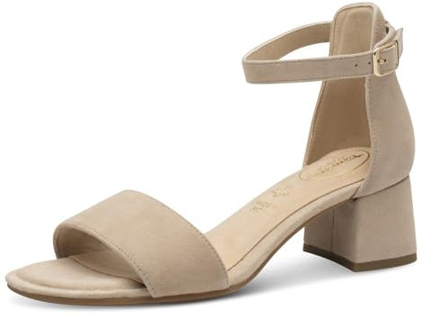 Tamaris Comfort Damen Sandalen mit Absatz aus Leder mit verstellbarem Riemen, Beige (Beige Suede), 38 EU