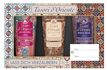 TESORI D'ORIENTE Set de regalo de crema de ducha, 3 x 75 ml (Ayurveda, Persian Dream y Bizantium) cremas de ducha para cuidado personal, rituales de bienestar para cuerpo y sentidos