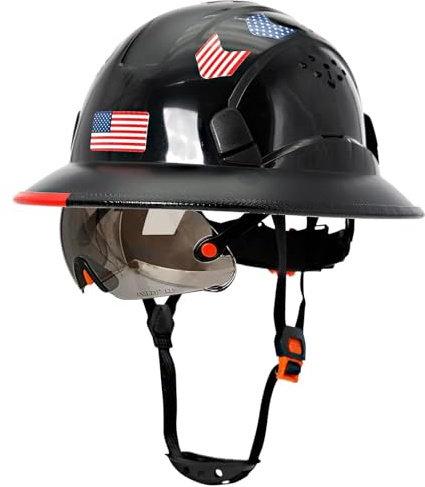 Full Brim Hard Hats with Visor Construction OSHA Approved - Vented Hard Hats for Men,Black Hard Hat with Chin Strap,Safety Helmet Black Hard Hat with Tinted Visor,6 Point Suspension Work Hats