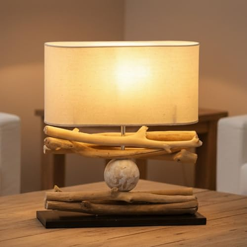 GURU SHOP Tischlampe aus Naturmaterial, handgemachtes Unikat, Modell Tabora | Ovaler Schirm aus Baumwollstoff, dekoriert mit Treibholz, nachhaltige Materialien, einzigartiges Design