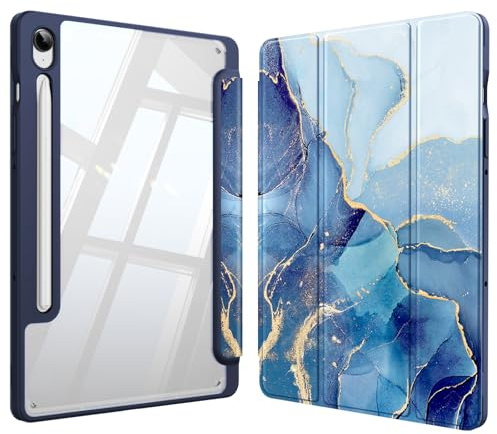 Fintie Funda para Samsung Galaxy Tab S10 Lite/S10 FE/S9 FE 10.9/Tab S9 11 | Soporte para S Pen, Funda Híbrida Delgada a Prueba de Golpes con Carcasa Trasera Transparente, Mármol Azul