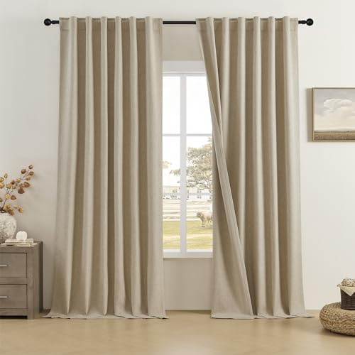 DUALIFE 132 Inch Linen Blackout Curtains 11 ft/feet Long for Ceiling Track System Back Tab Loop Pocket Curtains Pinch Pleated Drapes for Patio Sliding Glass Door,Burlap Color,W50 x L132,2 Panels