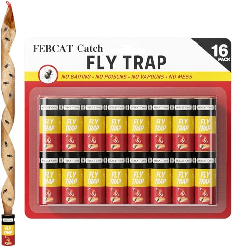 FEBCAT Catch 16 Piezas Atrapa Moscas Papel Mosquero Pegajoso para Moscas de la Fruta, Interior y Exterior - Control de Mosquitos y Otros Insectos Voladores