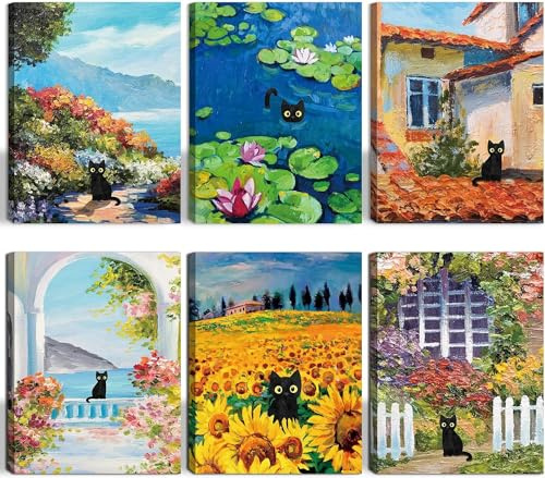 KAIRNE 6 Stück Schwarze Katze Landschaft Wandbilder Natur Wandkunst
