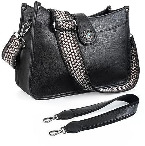 APHISON Umhängetasche Damen Handtasche Mittelgroß schwarz Crossbody Bag mit Breiter Gurt Hobo Bag Schultertasche veganem Leder Tasche 2 Schulterriemen Kartenschlitz Reisetasche