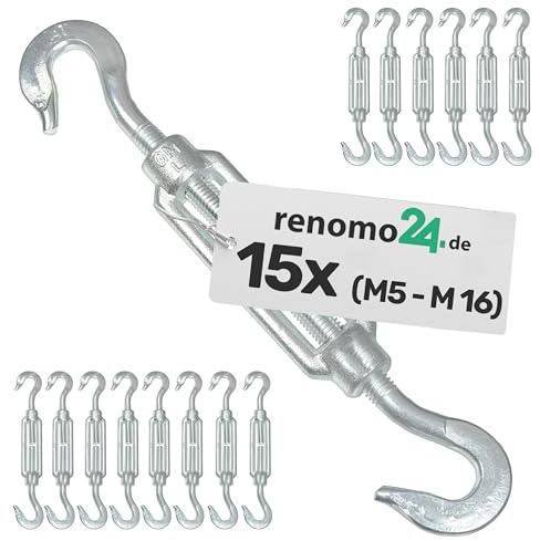 Renomo24-15x Spannschloss M16 Haken-Haken aus Stahl galvanisch verzinkt nach PN-EN 1993-1-11