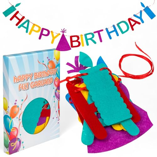 MIJOMA Filz-Girlande Happy Birthday – Bunte Regenbogen Banner, 2,5m lang, 16cm hohe Buchstaben, Geburtstagsdeko aus Filz, fertig zum Aufhängen