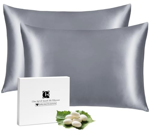 Ravmix Silk Pillowcase for Hair and Skin 21Momme Both Sides Mulberry Silk Pillow Case with Hidden Zipper, 2 Pack, Standard 50×75 CM, Lilac Grey