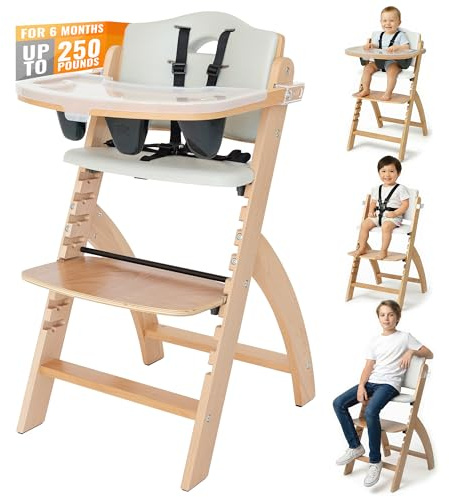 Abiie Beyond Junior Wooden High Chair with Tray - Adjustable and Convertible High Chair for Babies and Toddlers - 6 Months to 250 Lb - Water Resistant - Natural Wood with Dove Grey Cushion
