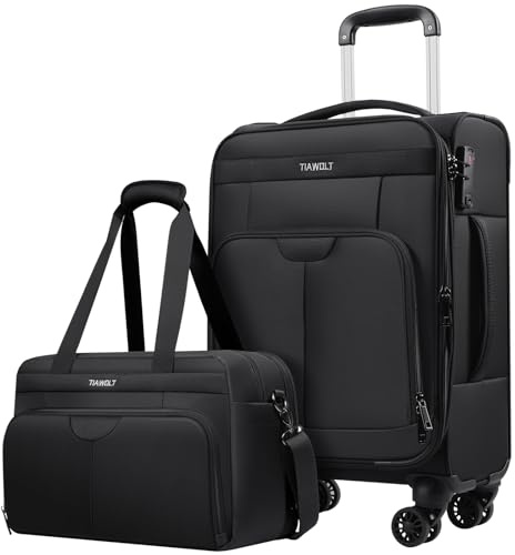 TIAWOLT Carry on Luggage with Spinner Wheels 20-Inch,Lightweight Expandable Luggage Set Carry-on Suitcase with Wheels &carry on Tote Bag,Women Men-Black