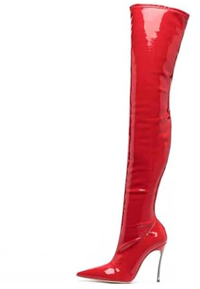 MANYUBEI Cuissardes pour Femmes, Dames en Cuir Verni Rouge Stretch Grande Taille Cuissardes Hautes Talon Aiguille Épissage Bout Pointu Bottes Longues, 12 Cm / 4,72 Pouces, 37 EU,Red