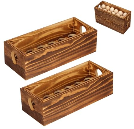 KVMORZE Wooden Crate for 24 Fresh Eggs, Stackable Holder Countertop With Double Layers for Display, Rustic Storage Box With Handle for Easter Supermarket Farm Kitchen Supplies, 2 PCS