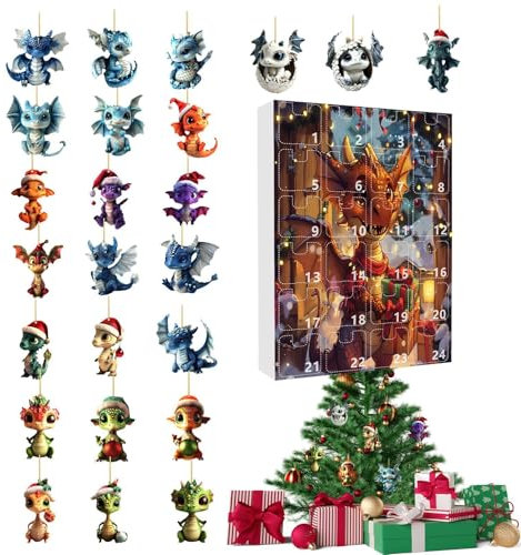 Drachen Adventskalender 2024, 24 Tage Weihnachten, Lustiges Drachen Set Zum Sammeln, Dinosaurier Adventskalender Mit 24 Einzigartigen 2DAcryl Drachen Ornamenten für Kinder und Erwachsene