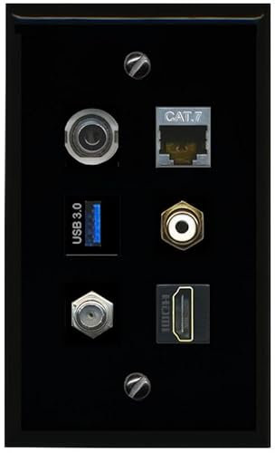 RiteAV Placa de pared plana y sólida CAT7 de 3,5 mm, cable HDMI RCA blanco USB 3 (negro)