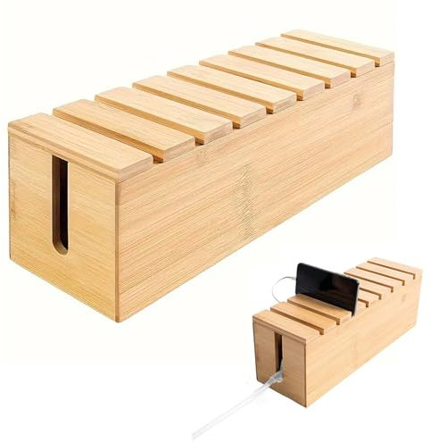 Cable Tidy Box, Wood Cable Management Box Plug Board Storage Box, Desk Cord Organizer for Home and Office, Wire Management Concealer for Surge Protectors, Adapters