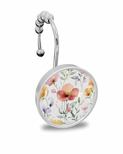 Shower Curtain Hooks Set of 12, Spring Flower Farm Watercolor Plant Crystal Glass Showers Curtains Rings, Bathroom Decorative Rod Stainless Steel Rust Proof Roller Hangers Hook