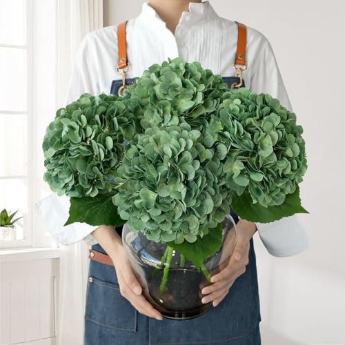 JINWOE Hortensias artificiales de seda verde bosque oscuro, 4 hortensias artificiales de 22 pulgadas con tallos para ramo, centros de mesa, decoración del hogar, porche al aire libre