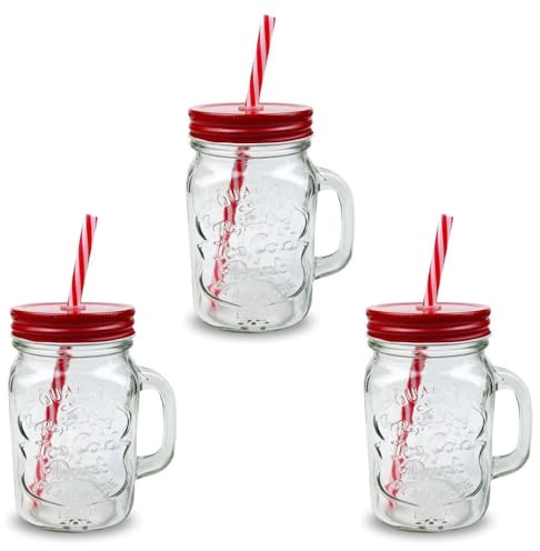 G4GADGET 3X Red Mason Jars with Handles (500ml) – Stylish Glass Cups with Lids & Reusable Straws – Perfect for Juices, Smoothies, Milkshakes & Cold Beverages