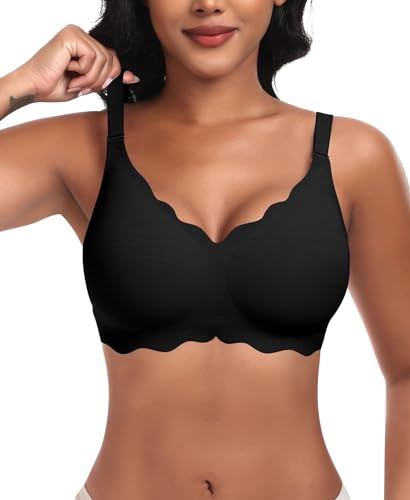 Ganado Damen Nahtloser BH Ohne Bügel Tiefem V-Ausschnitt gewellte Ränder Push Up BH Bralette Soft Bequem BHS Bügellos Bustier (Schwarz-Doppel Vorderwelle, 2XL)