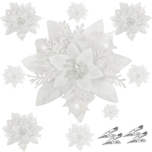 SHSMPXOY 20 Pezzi Fiori per Albero di Natale con Clip Decorazioni Natalizie Fiori Artificiali con Glitter Polvere Finti Natalizi Per Decorazioni Stella Di Natale Ghirlanda (Bianco)